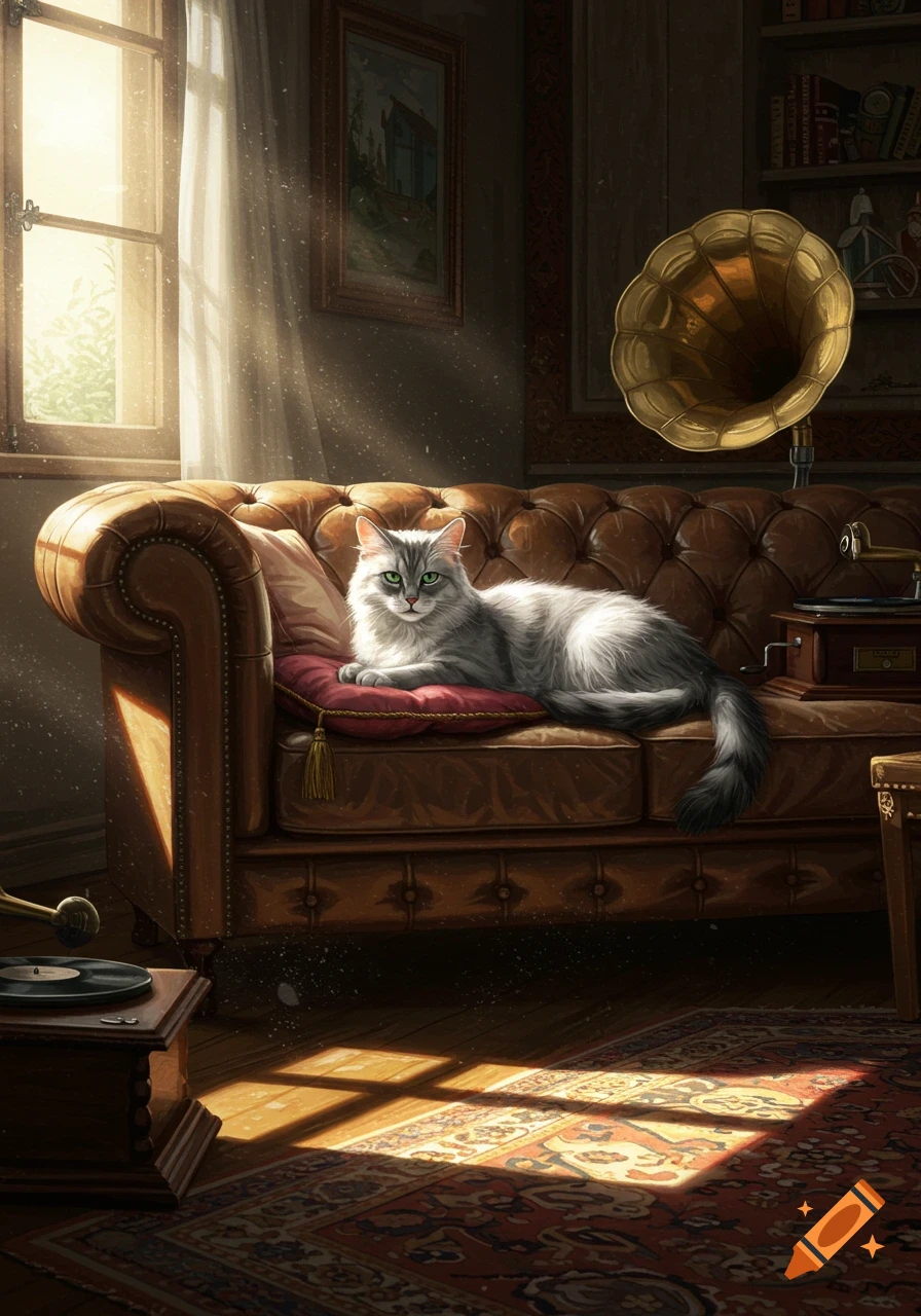 A fluffy gray and white cat with green eyes lies on a red cushion on a brown leather couch in a sunlit room with a gramophone.