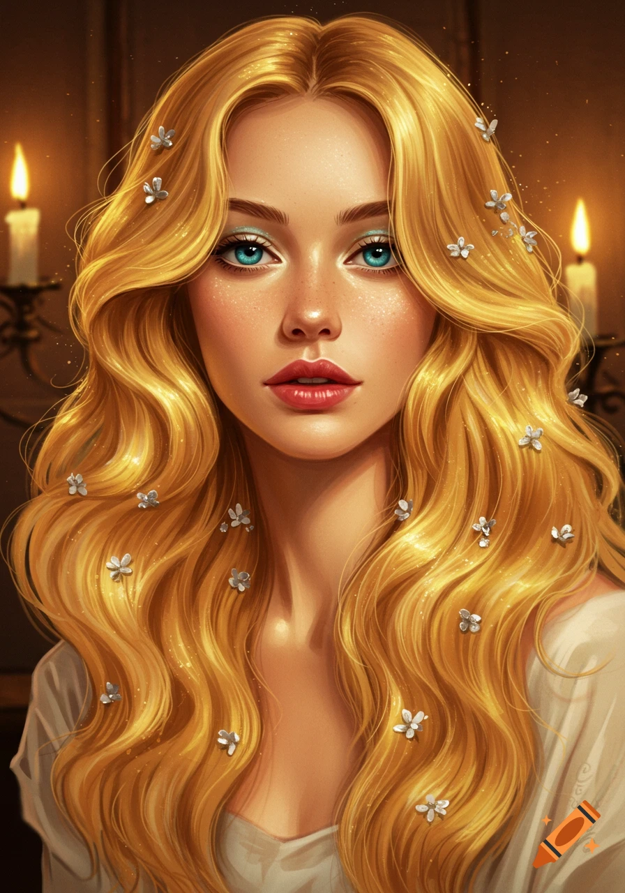 Digital painting of a young woman with long blonde hair, silver flowers, blue eyes, lit by candlelight.