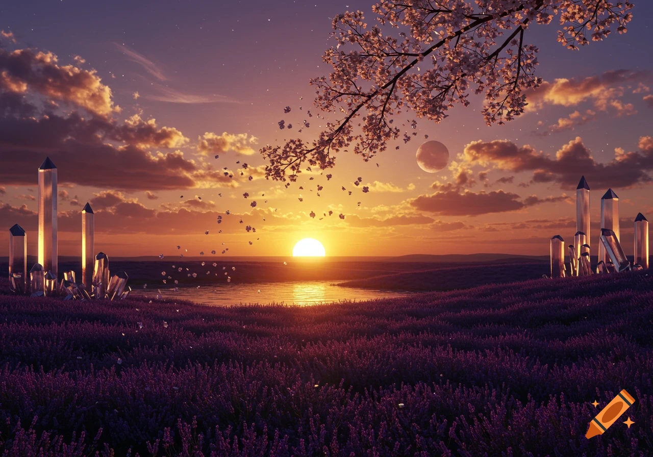 Vibrant fantasy landscape at sunset with purple flowers, glowing crystals, cherry blossoms, and a moon.