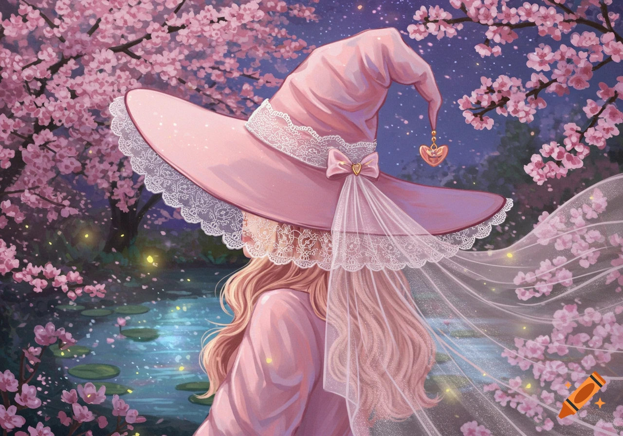 An anime-style witch in a pink hat and veil, surrounded by pink cherry blossoms and a glowing pond at night.