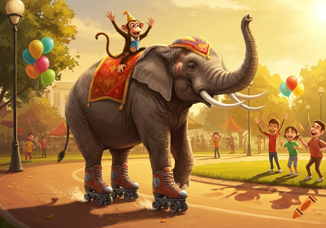A joyful cartoon elephant on roller skates, with a monkey on its back, in a sunny park filled with waving children and colorful balloons.
