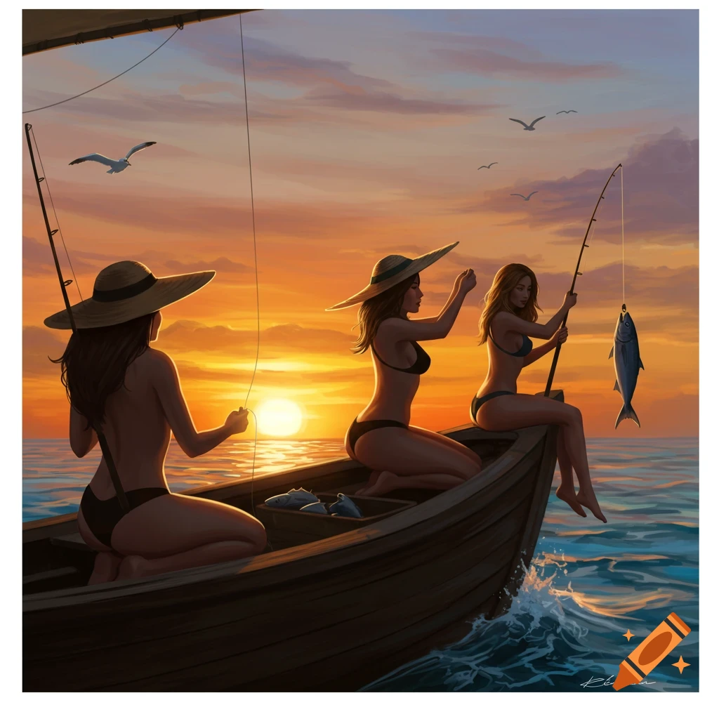 Three women in bikinis fishing from a wooden boat on the ocean at sunset, with a fish caught on a line. Digital art.