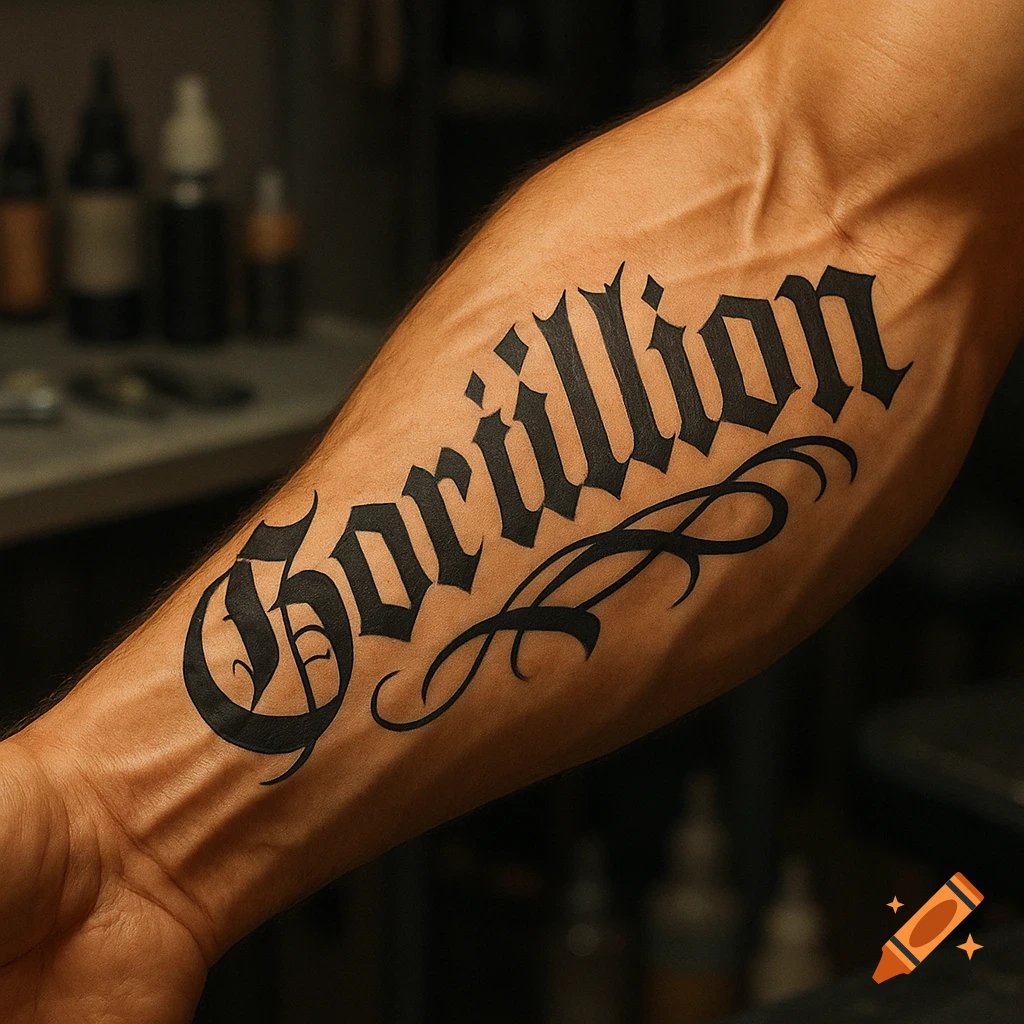 A muscular forearm is tattooed with the word "Gorillion" in a black Old English style script, with decorative flourishes underneath.