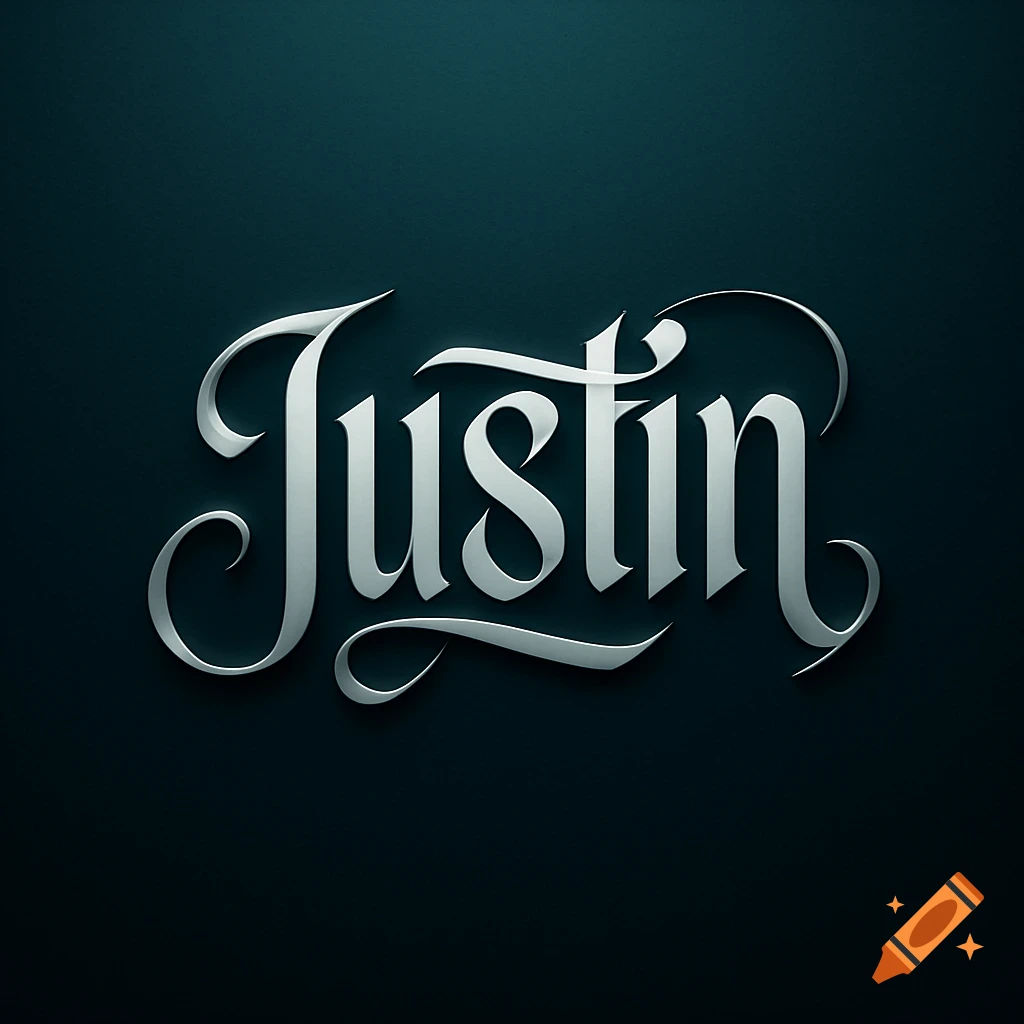Elegant silver ambigram of the name 'Justin' on a dark teal background.