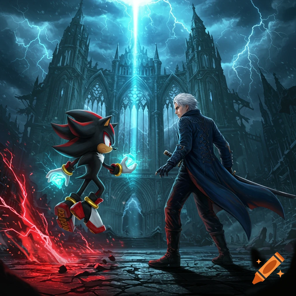 Shadow the Hedgehog and Vergil face off with glowing powers before a dark gothic castle under lightning.