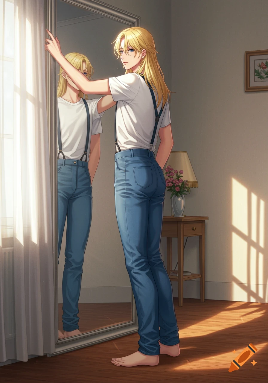 An anime-style young person with long blond hair, wearing a white t-shirt, blue jeans, and black suspenders, stands barefoot looking into a full-length bedroom mirror.