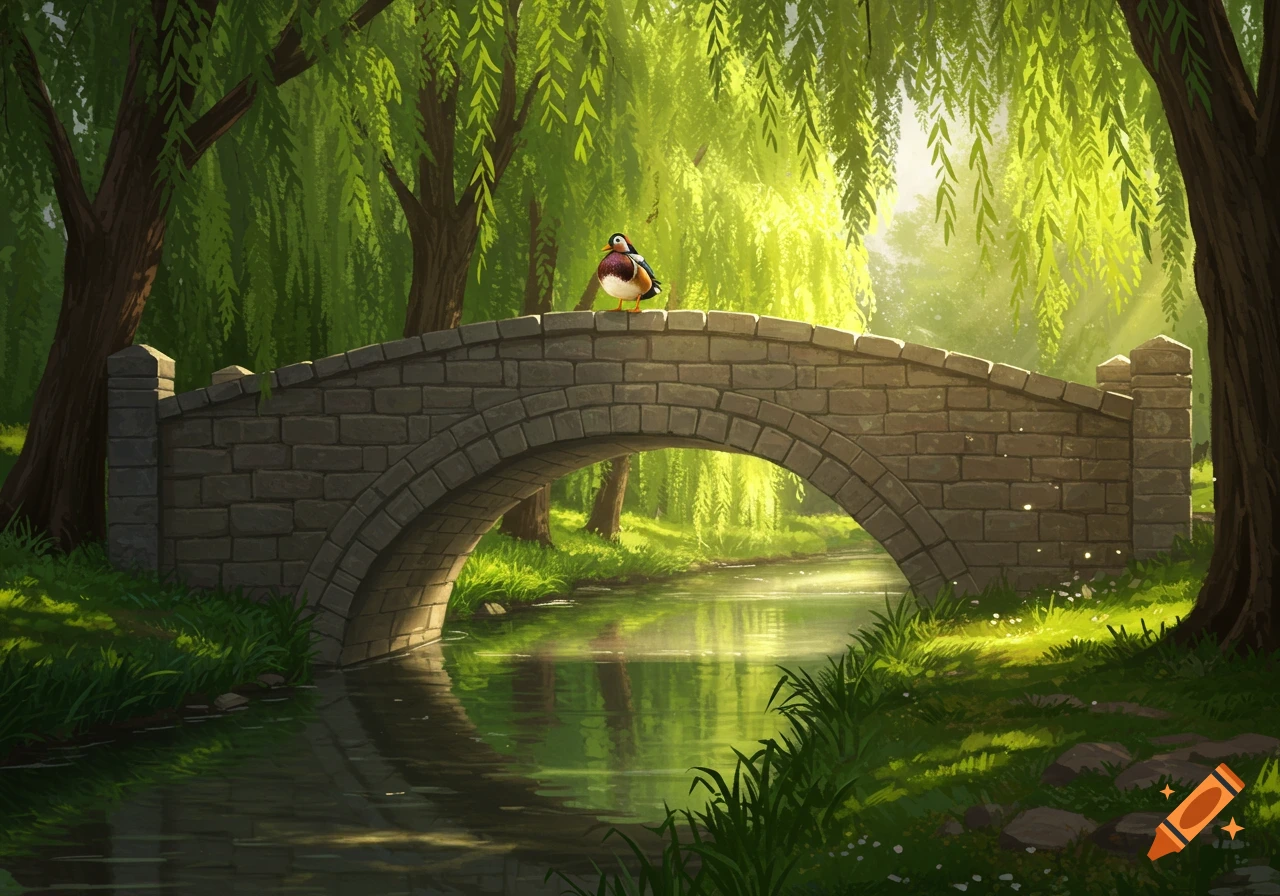 An illustrative scene of a colorful duck standing on a stone arch bridge over a flowing stream, surrounded by lush green willow trees and sunlight.