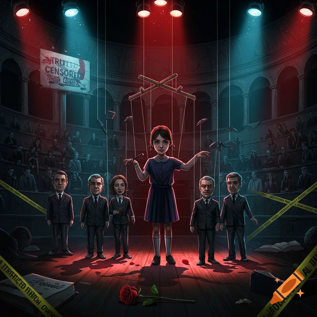 A stylized image of a young girl puppeteering five men in suits on a stage, under red and blue lights, with a "TRUTH CENSORED" banner in a grand hall.