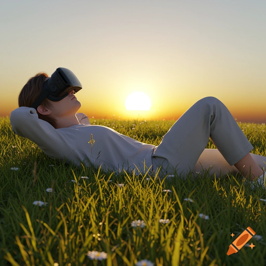 Person in VR headset relaxing on their back in a grassy field with white flowers, looking at a bright sunset.