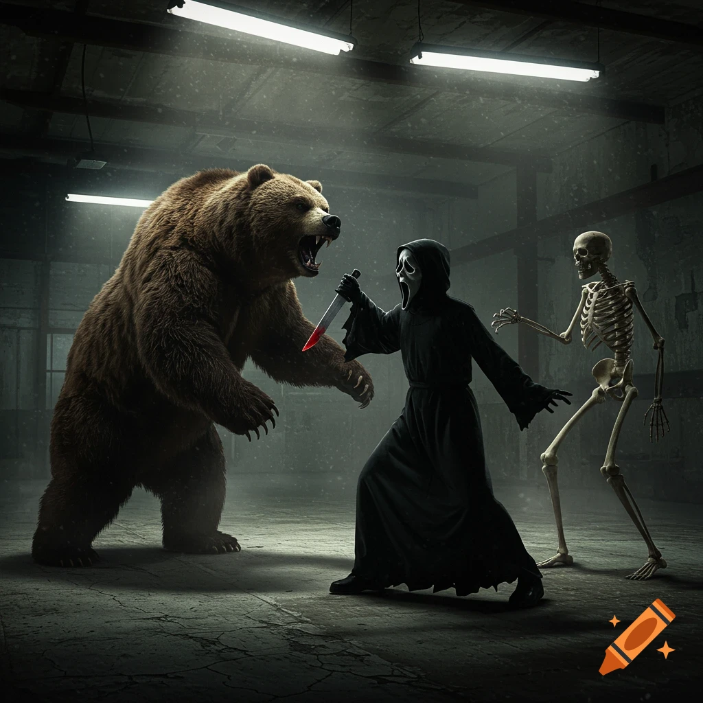 Ghostface holding a bloody knife fighting a bear and a skeleton in a dark warehouse, photorealistic style.