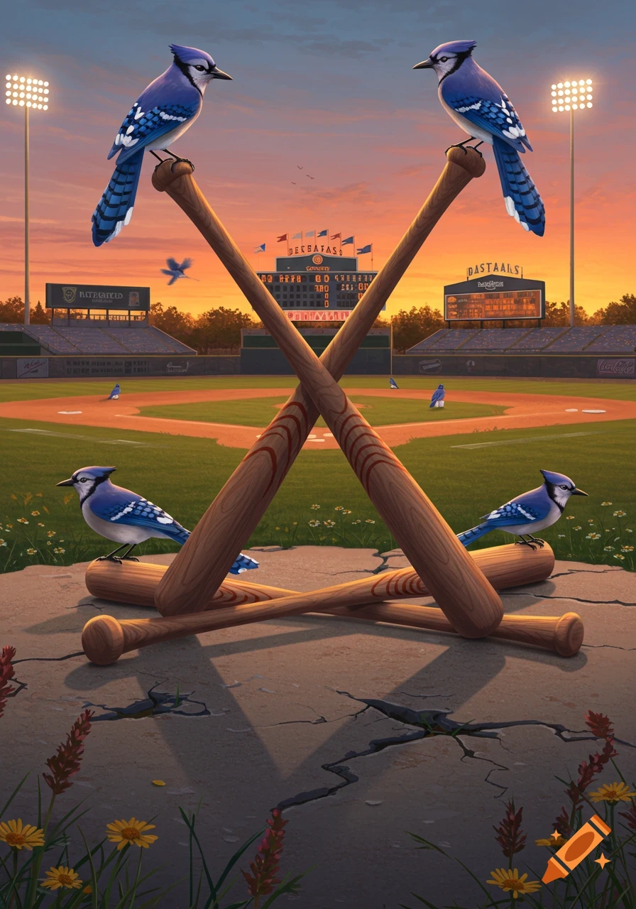 Four blue jays and crossed baseball bats on a cracked concrete base, with a baseball stadium and sunset in the background.