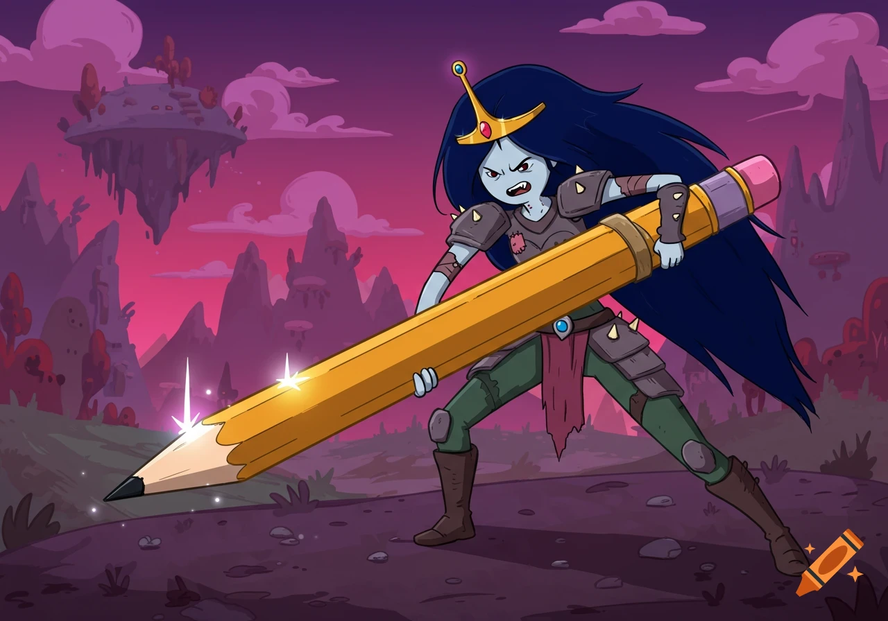 Marceline the Vampire Queen as a warrior in Adventure Time style, holding a giant pencil like a sword in a fantasy landscape.