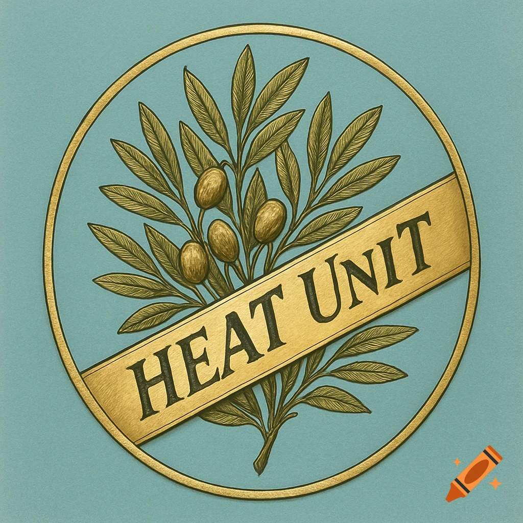 A circular emblem with olive branches and the text "HEAT UNIT" on a gold banner over a light blue background.