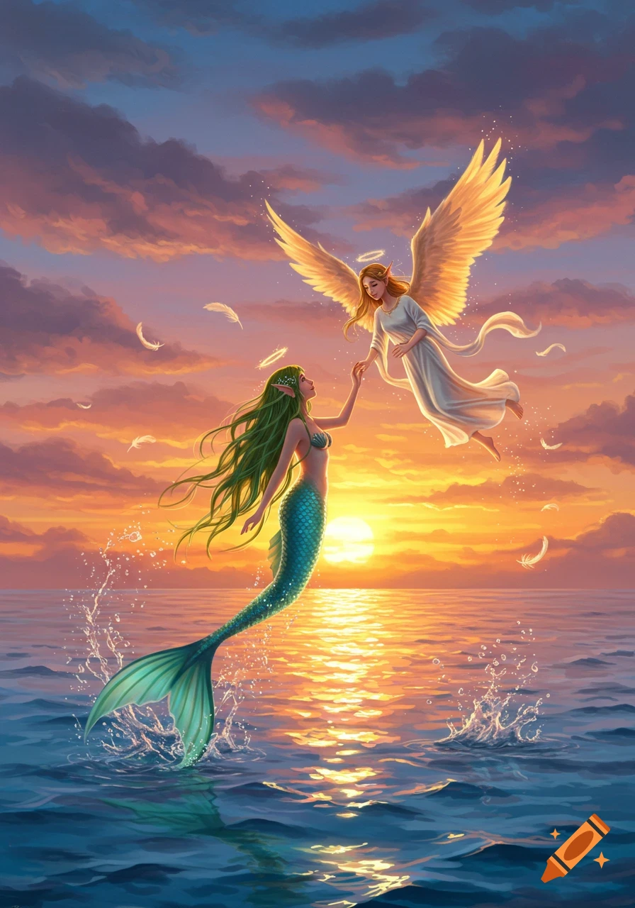 A mermaid with green hair and teal tail reaches to an angel with golden wings and white gown over a vibrant sunset ocean.