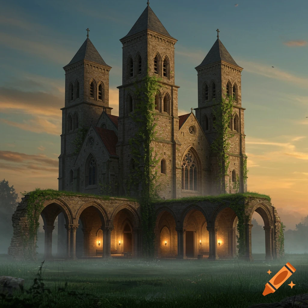 A grand medieval stone church with four towers covered in ivy, set in a misty grassy field under a sunset sky.