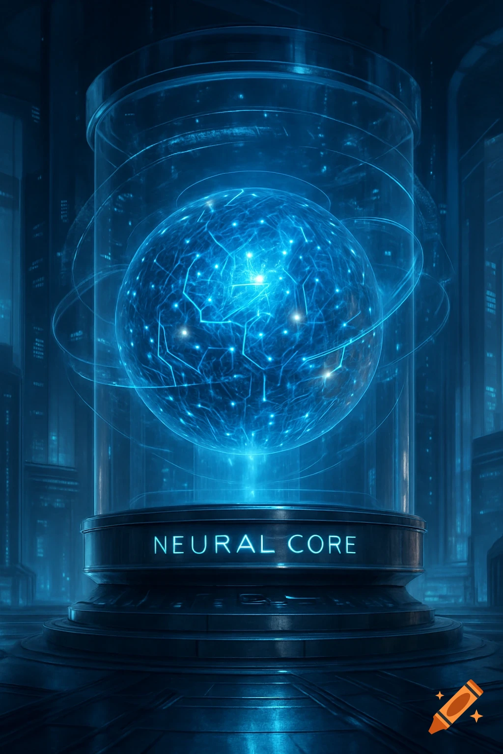 A glowing blue "Neural Core" sphere in a glass cylinder, set in a dark, futuristic laboratory.