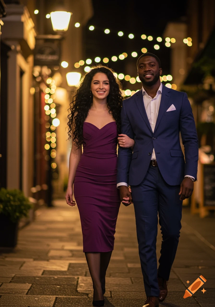 A happy diverse couple, elegantly dressed, walk arm-in-arm down a charming, light-strung street at night.