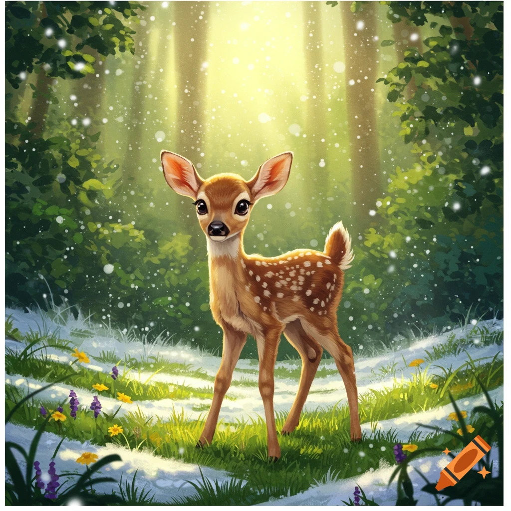 An illustration of a cute fawn with large eyes standing on a snowy forest path with green grass and small purple and yellow flowers under bright sunlight.