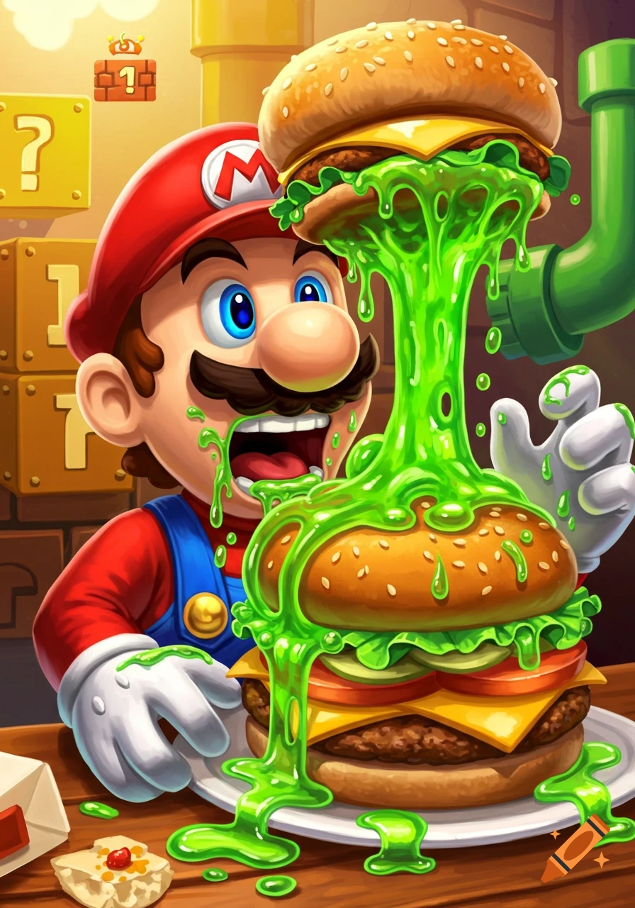 Cartoon Mario eagerly holds a giant, green-slimy burger, with goo dripping onto a plate in a Super Mario Bros. background.
