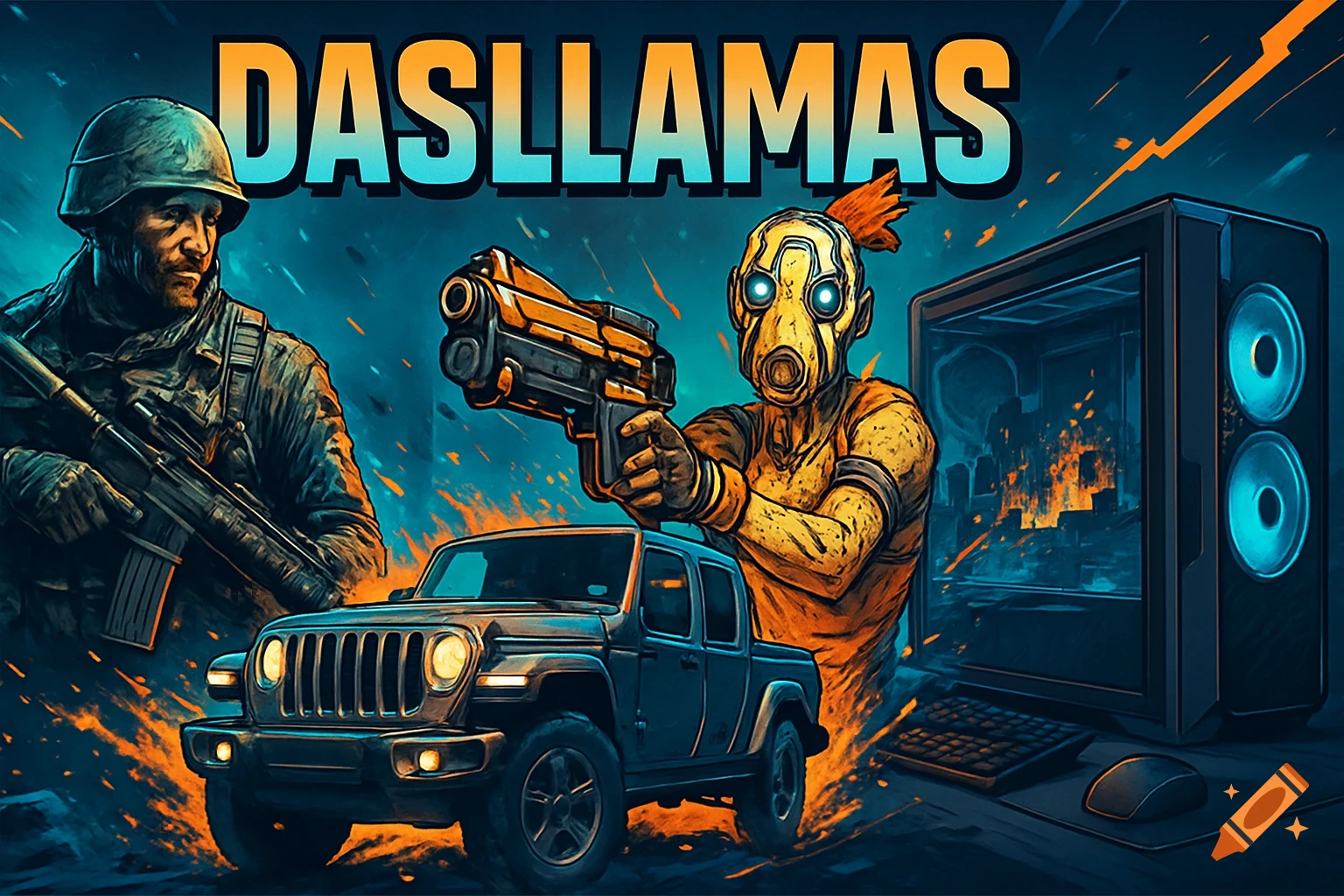 Stylized digital art of a soldier, a Borderlands character, and a Jeep Gladiator, with a PC setup and 'DASLLAMAS' text.