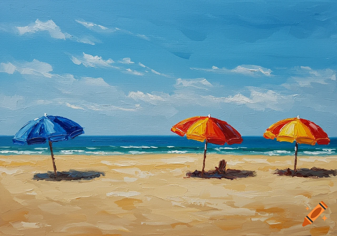 Oil painting of three colorful beach umbrellas on a sandy beach under a blue sky.