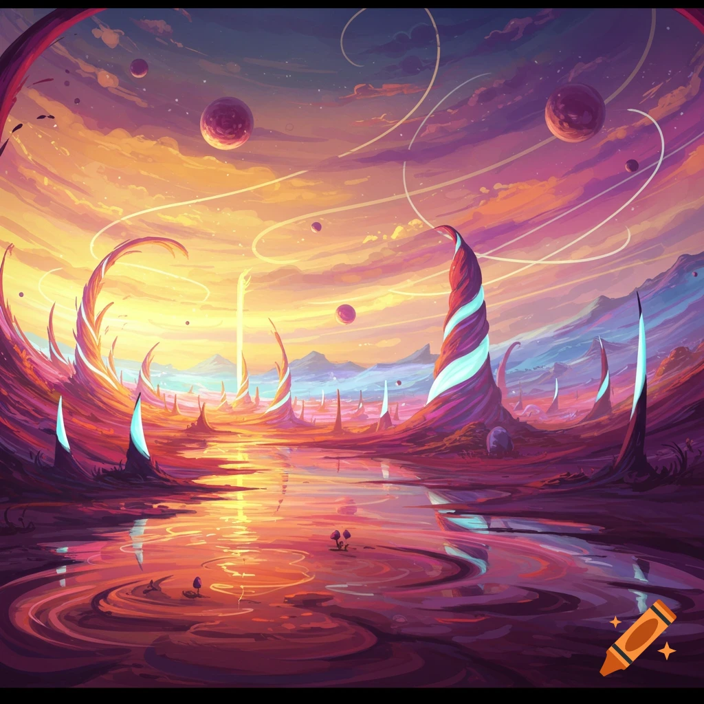 A vibrant, alien landscape digital painting at sunset with swirling planets, a reflective lake, and bizarre towering red and blue structures.