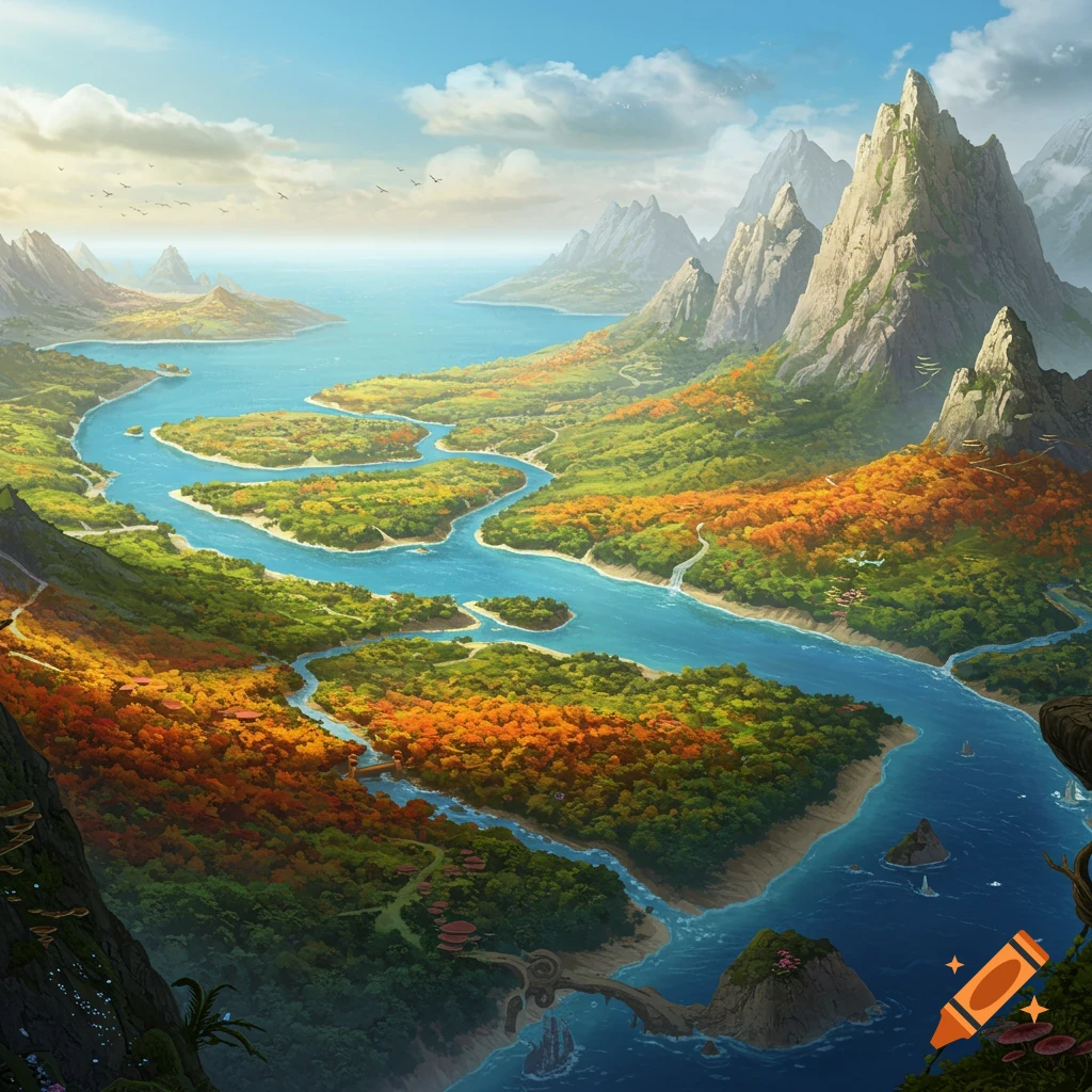 Aerial view of a vibrant fantasy landscape with a winding river, islands, lush forests, autumnal trees, and jagged mountains.