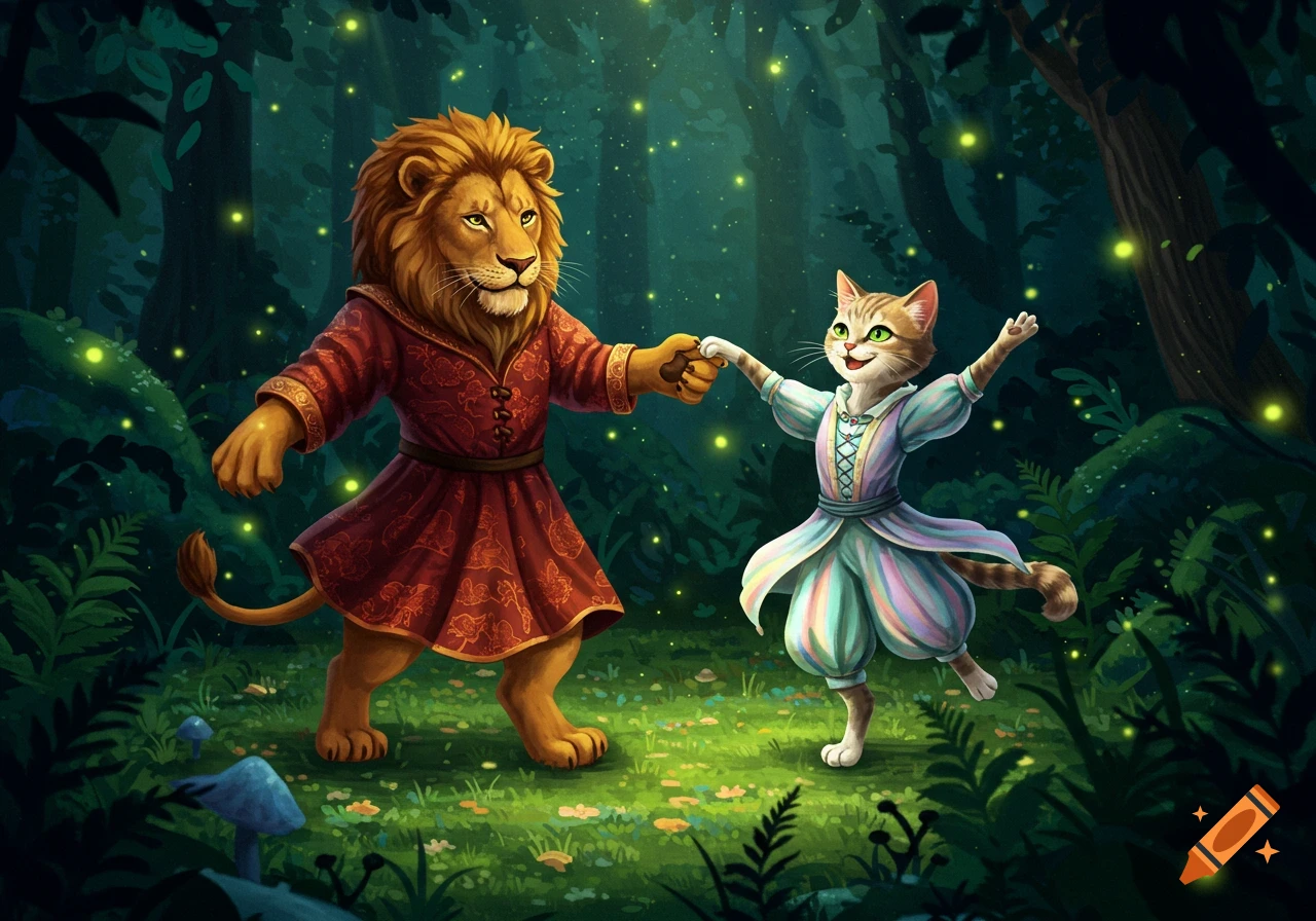 A cartoon lion in a red dress dances with a cat in a pastel outfit, holding hands in a glowing fantasy forest.