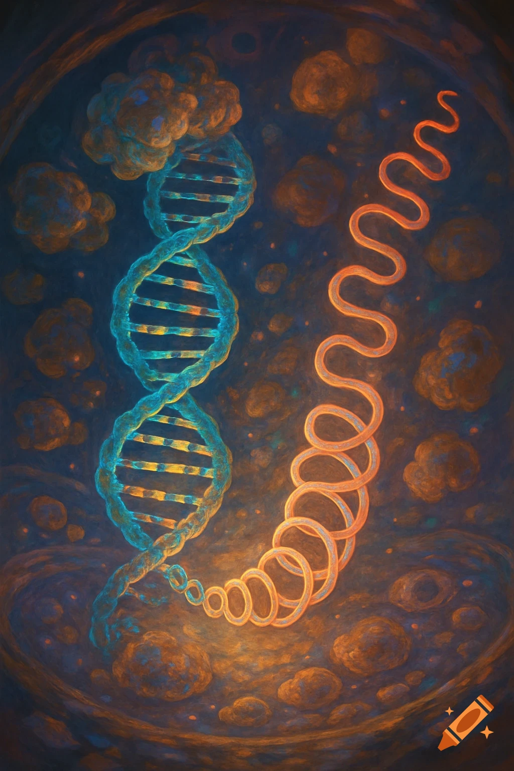 A vibrant, abstract illustration of a blue-green DNA double helix alongside a coiling orange mRNA strand in a dark, cellular environment.