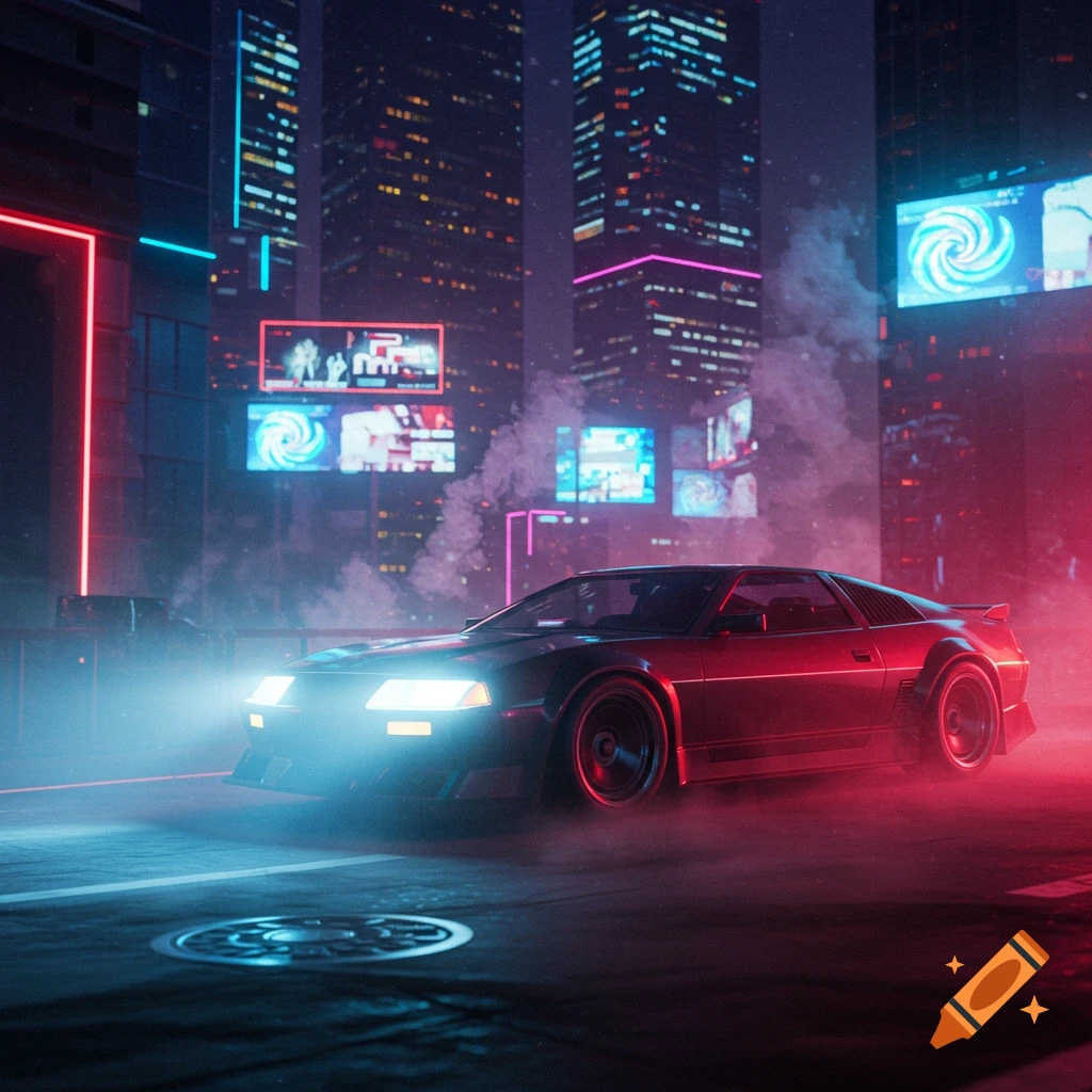 A sleek red futuristic car with glowing headlights drives through a neon-lit cyberpunk city at night, enveloped in mist.