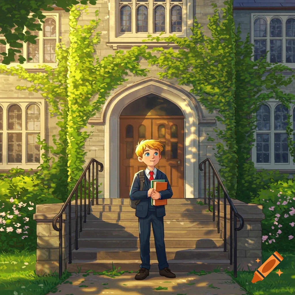 A smiling schoolboy in a blue uniform and red tie holds books on the steps of an ivy-covered stone school building in an illustration.