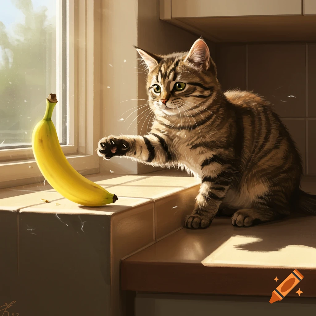 A tabby cat reaches a paw towards a banana on a sunlit kitchen counter by a window, digital art.