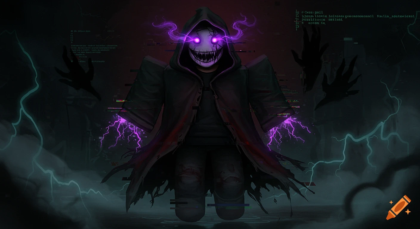 Mysterious humanoid in a glitchy dark cloak with a cracked mask and glowing purple eyes, surrounded by digital distortion and lightning in a corrupted digital wasteland.