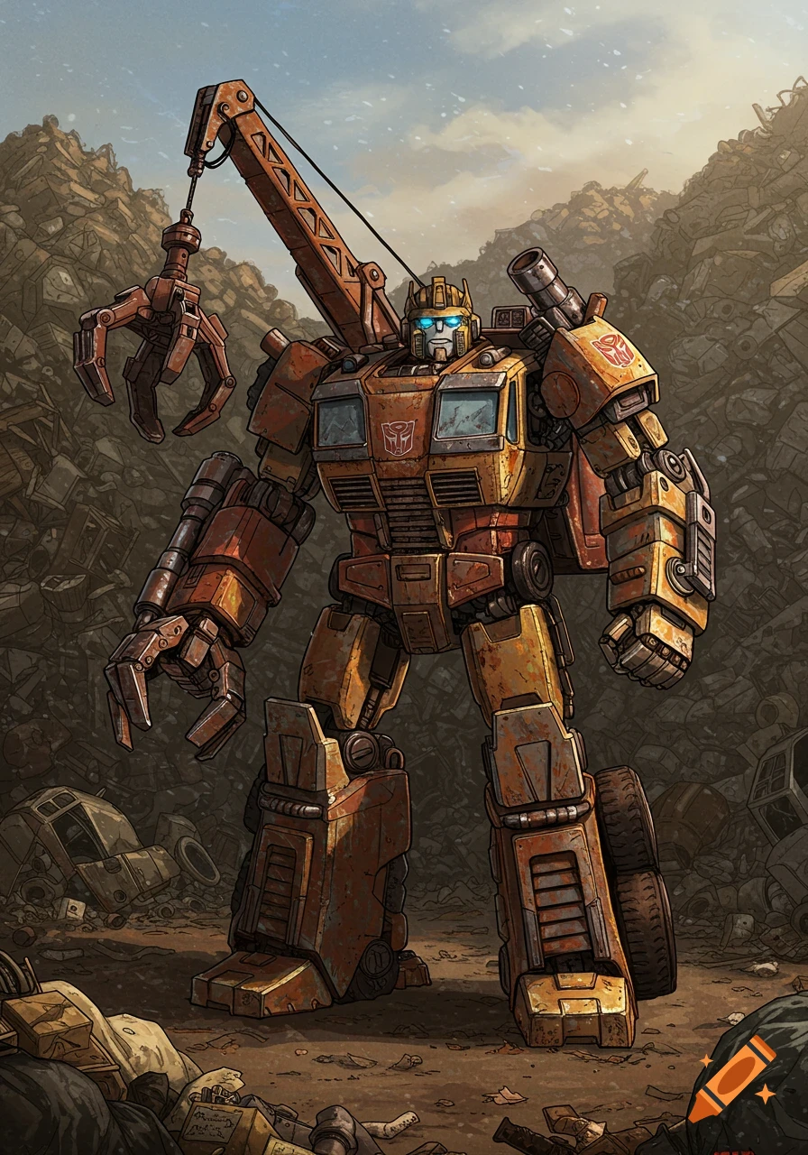 A rust-covered Transformers robot, Scrap-Heap, with a crane arm and glowing blue eyes, stands in a junkyard.