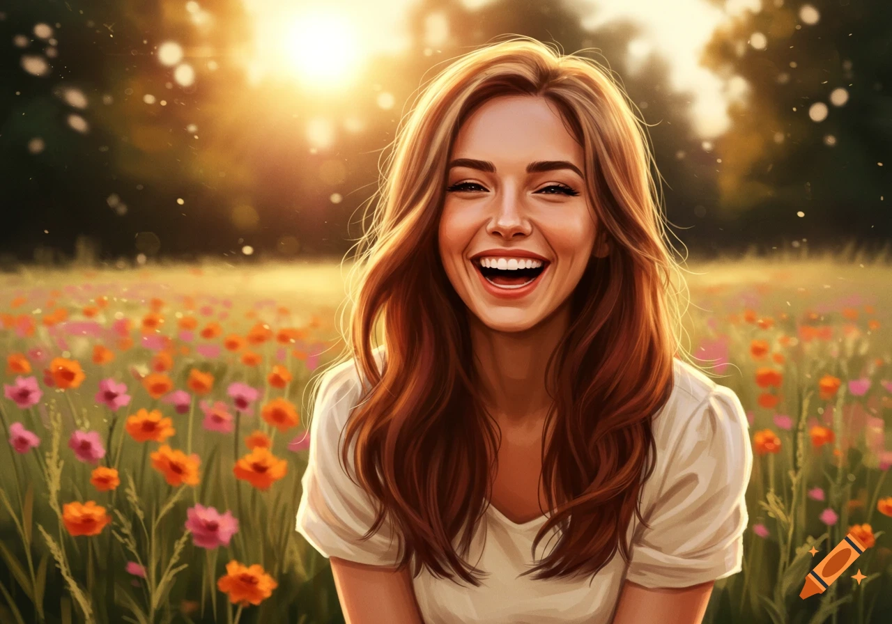 A young woman with long brown hair laughs joyfully in a sunlit field of orange and pink flowers, digital art style.