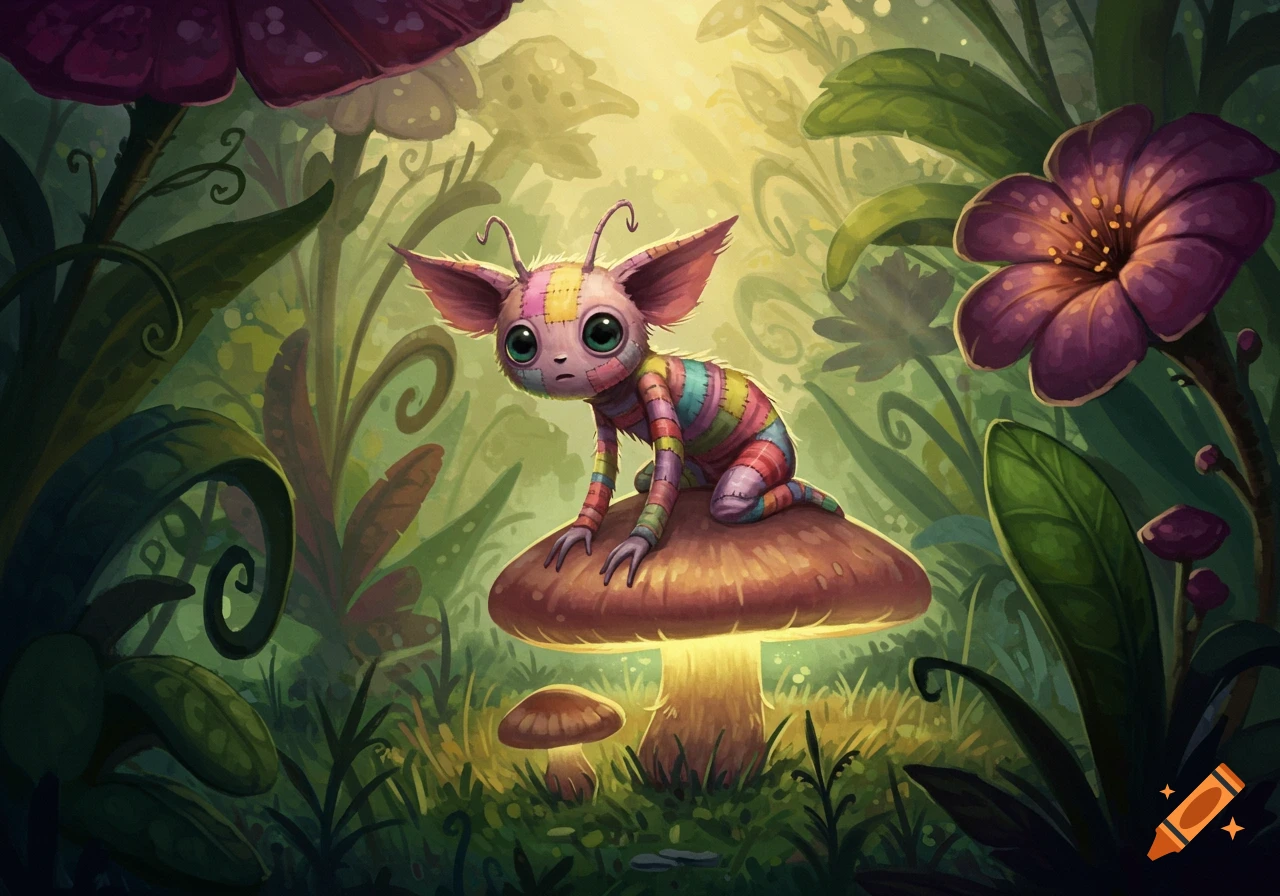 A patchwork fantasy creature with large ears and big eyes sits on a glowing mushroom in a lush, whimsical forest illustration.