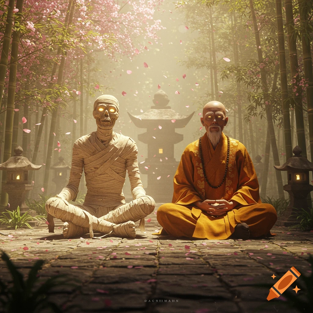 A mummy and a bald monk with glowing eyes meditate in a lush zen garden with cherry blossoms and bamboo.