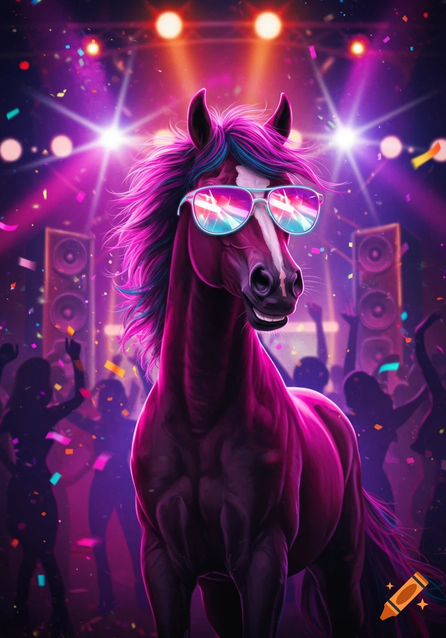A vibrant, neon illustration of a cool horse wearing sunglasses, dancing at a party with confetti and bright stage lights.