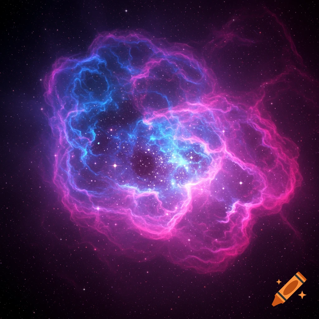 A vibrant blue and pink nebula glows amidst scattered stars in deep space.