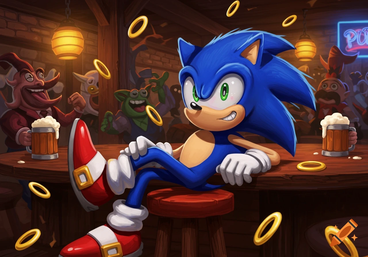 Sonic the Hedgehog lounges on a bar stool in a fantasy tavern, surrounded by gold rings and cartoon patrons with beer mugs.