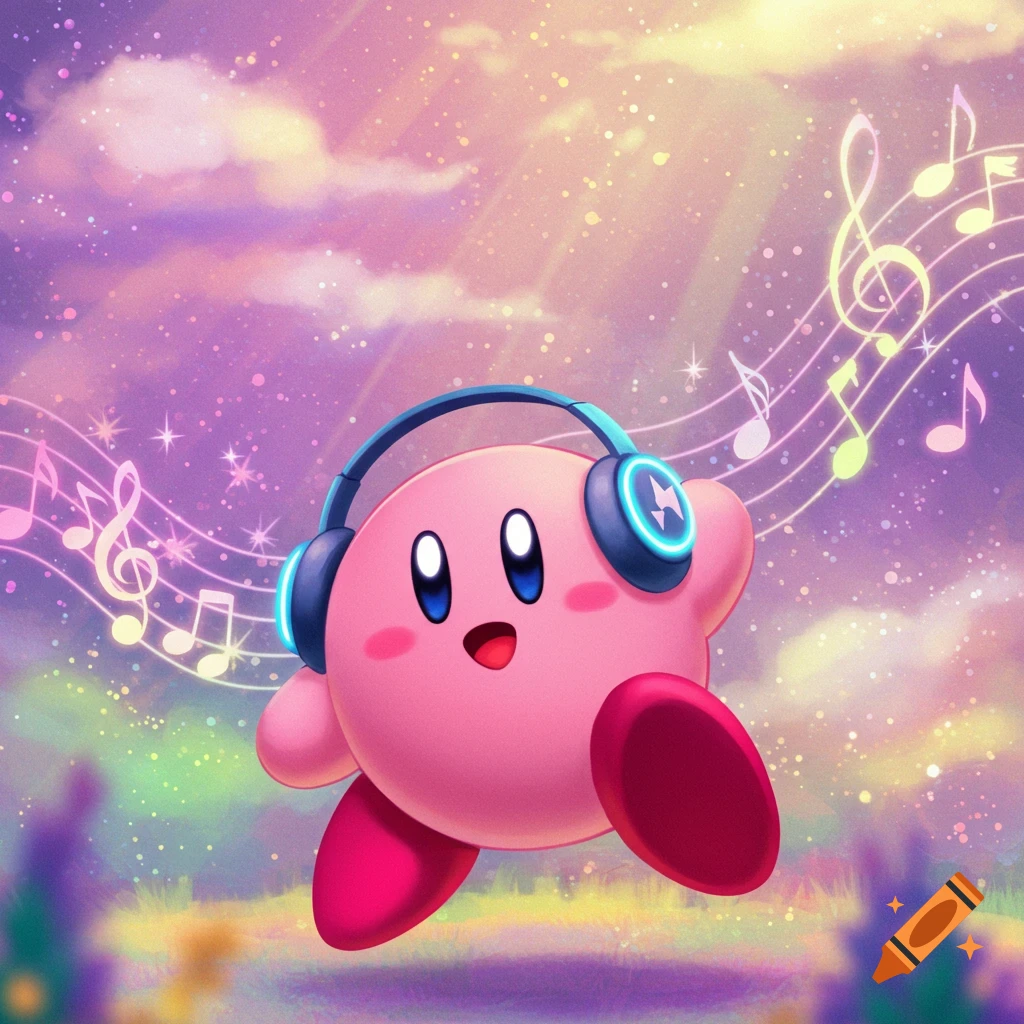 A cute pink Kirby wearing blue headphones floats in a sparkling, pastel sky with colorful musical notes.