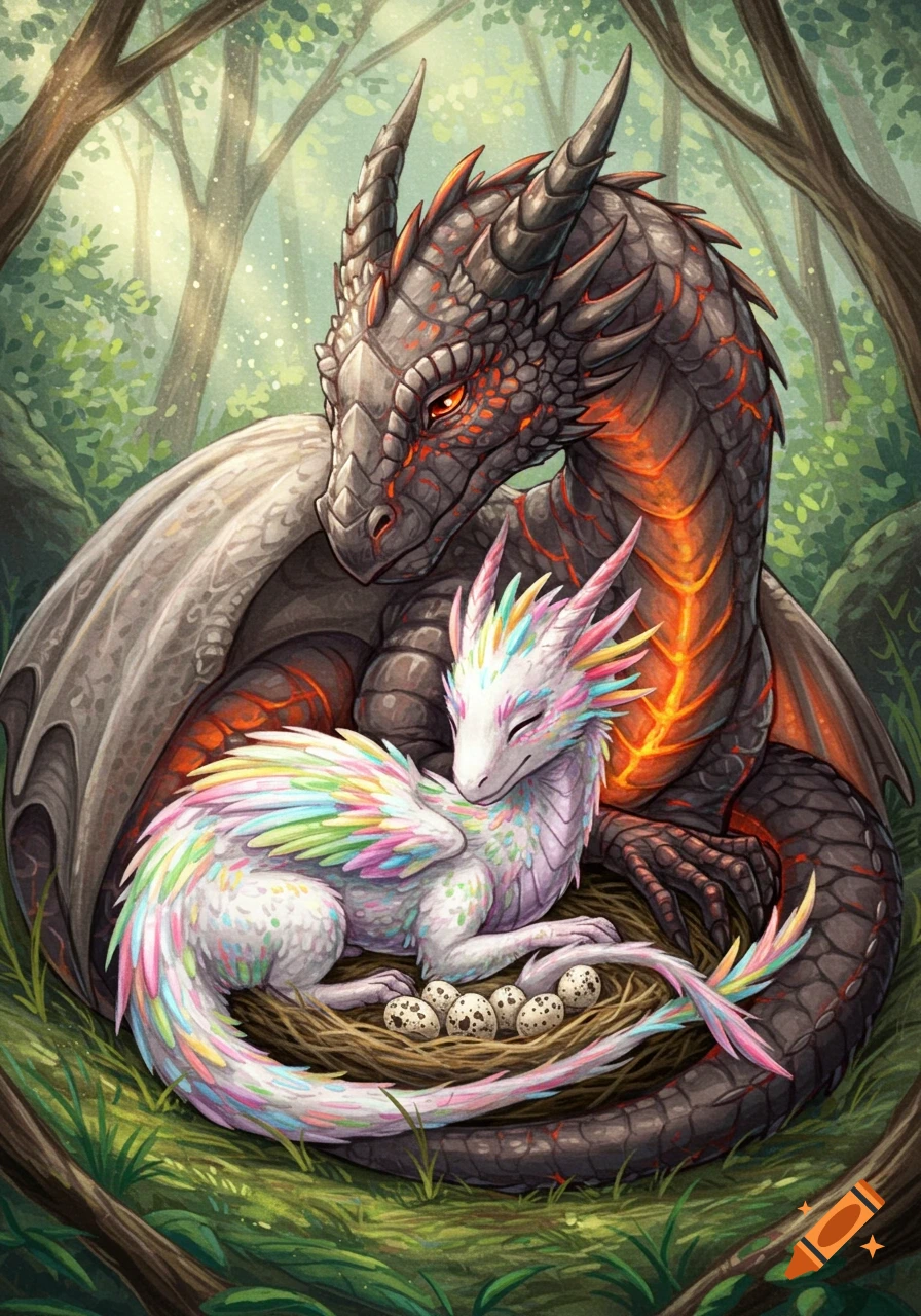 A pastel rainbow dragon snuggles into a nest with eggs, while a dark molten lava dragon cradles it from behind in a lush forest, in a detailed colored pencil sketch.