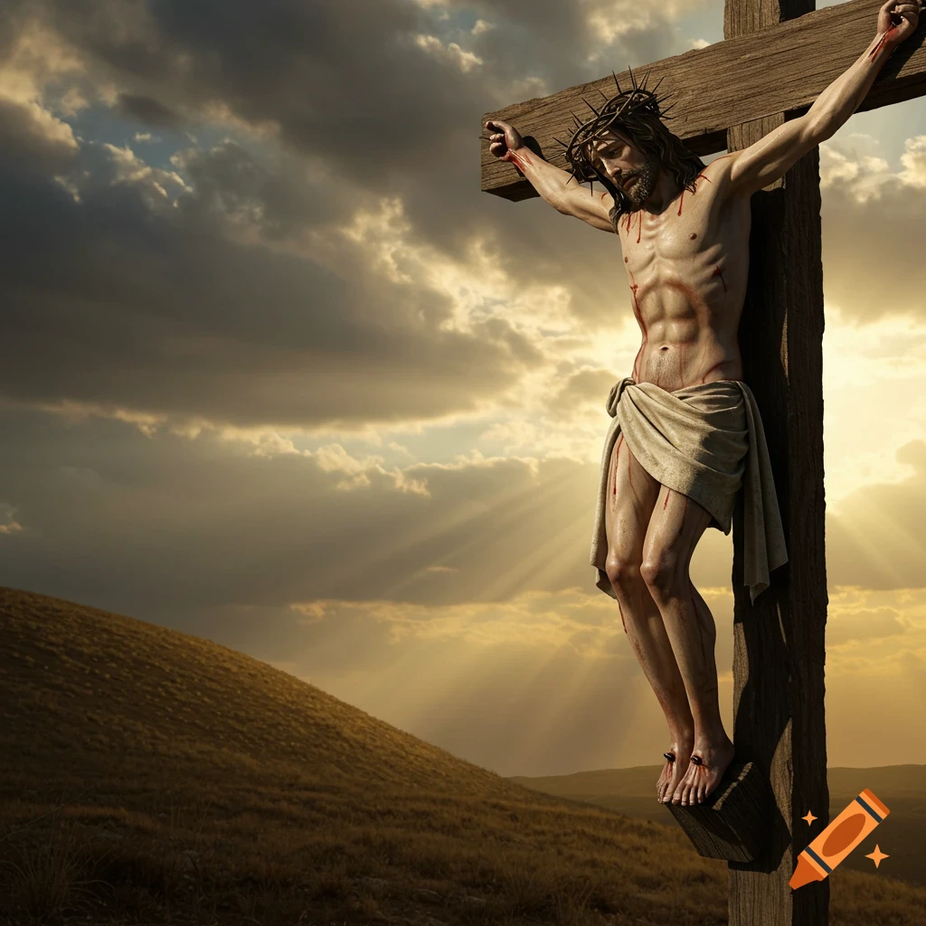 Hyperrealistic photo of Jesus Christ crucified on a wooden cross on a hill, with sun rays piercing through a cloudy sky.
