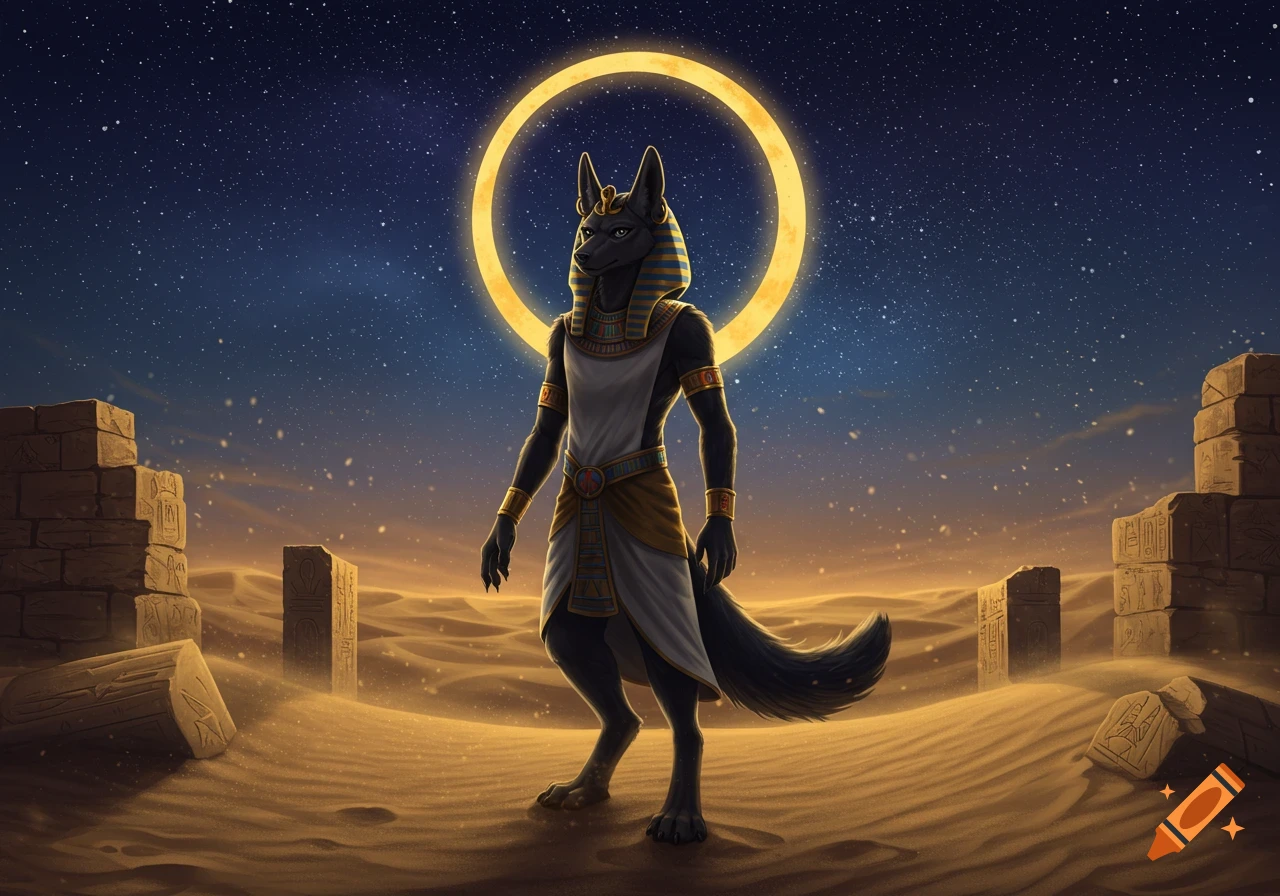 A black jackal-headed figure resembling Anubis, wearing ancient Egyptian attire, stands in a sandy desert under a starry night.