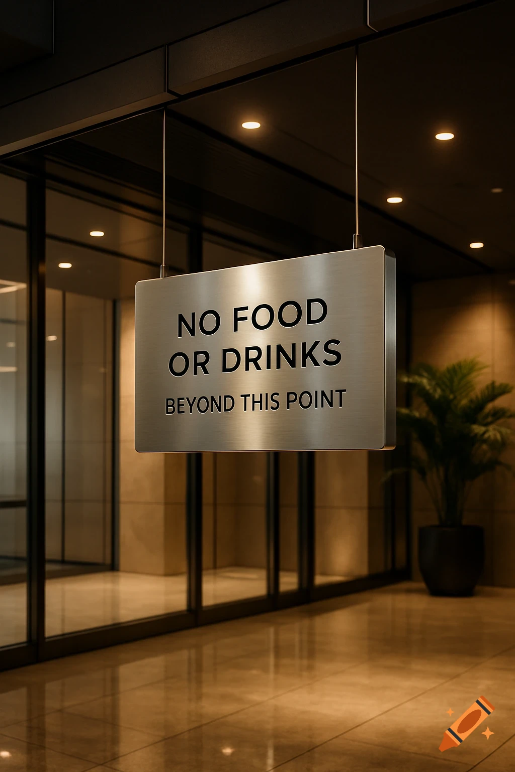 A photorealistic image of a silver sign reading 'NO FOOD OR DRINKS BEYOND THIS POINT' hanging in a modern building lobby.