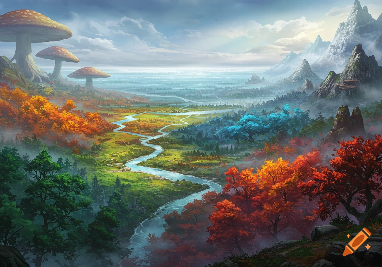 A vibrant fantasy landscape with giant mushrooms, a winding river, colorful trees, and misty mountains under a cloudy sky.