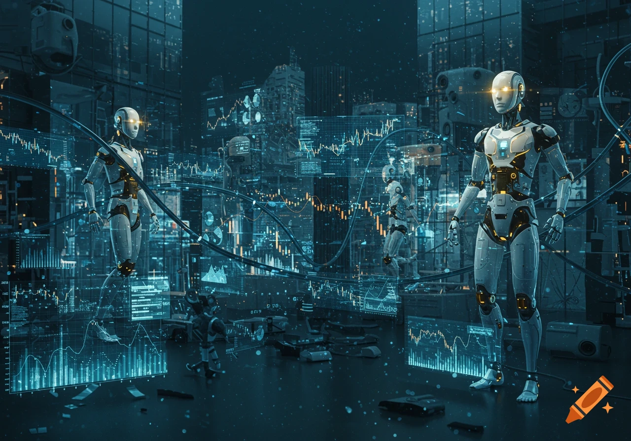 Two humanoid robots stand in a futuristic city filled with glowing digital data screens and intricate graphs, depicting advanced technology.