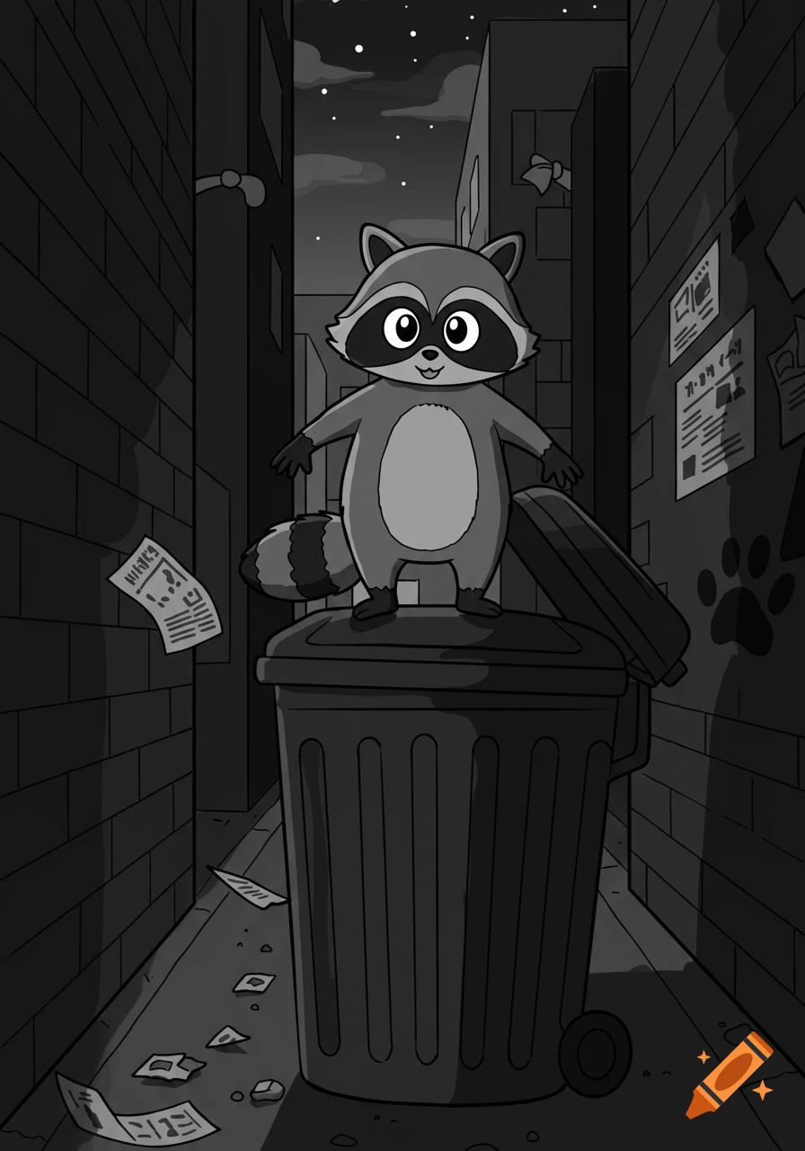 A cartoon raccoon stands on a trash can in a dark alley at night, black and white style.