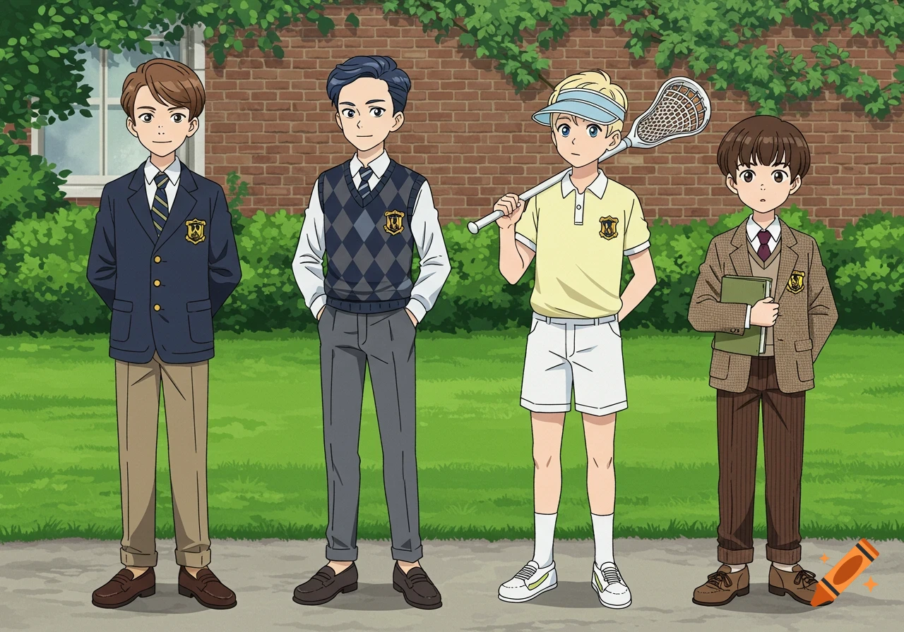 Four animated boys in school uniforms stand outdoors on a lawn in front of a brick wall.