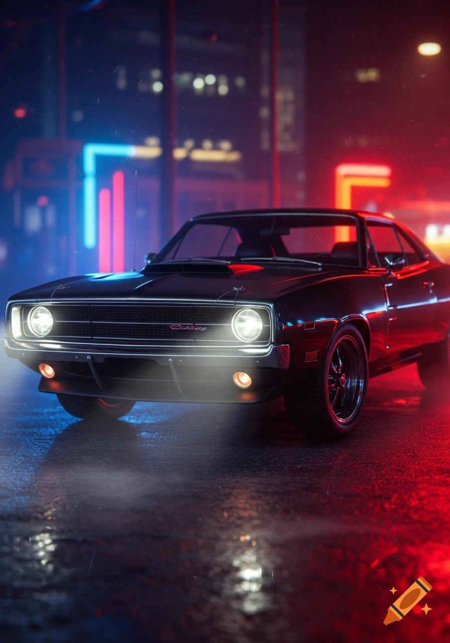 A black classic 1970 Dodge Charger on a wet street at night, illuminated by red and blue neon lights.